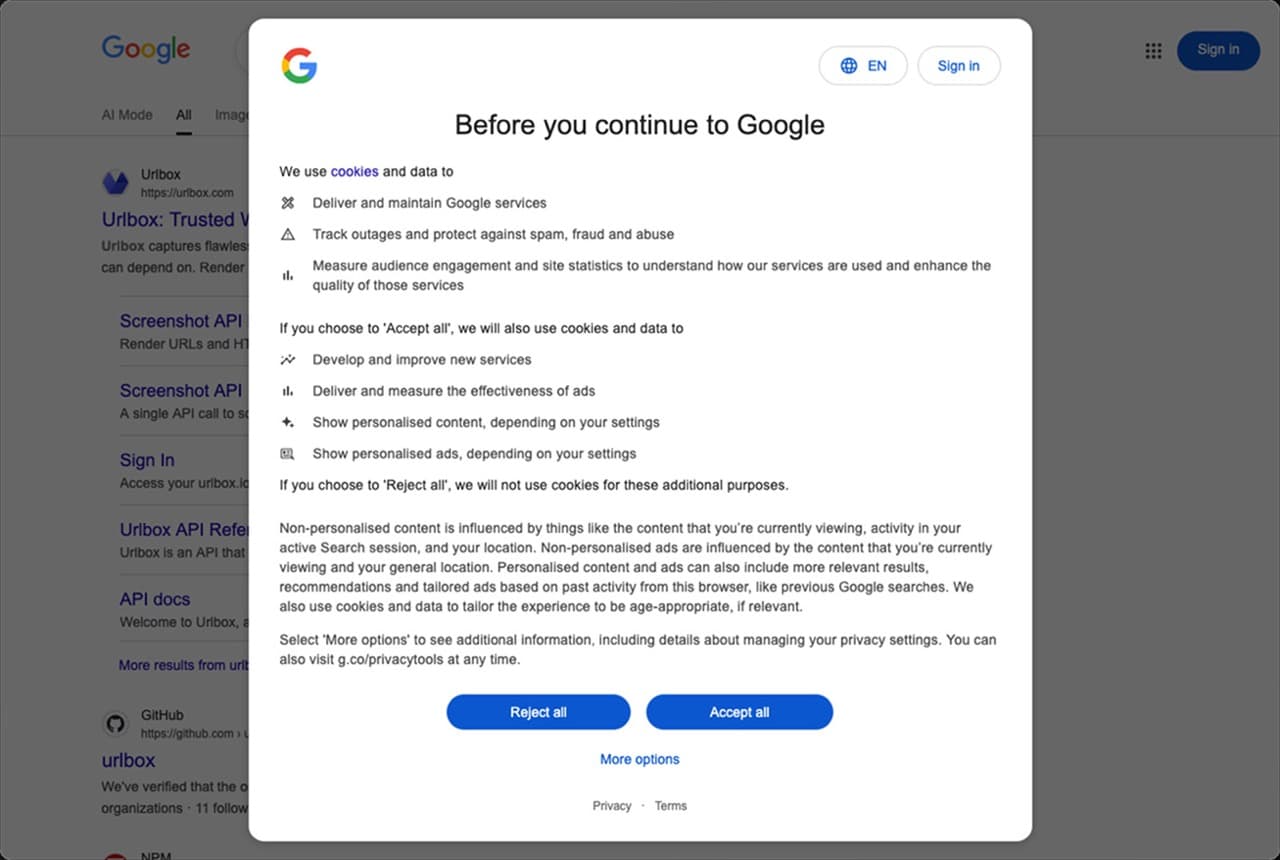 Google results covered by a consent pop-up