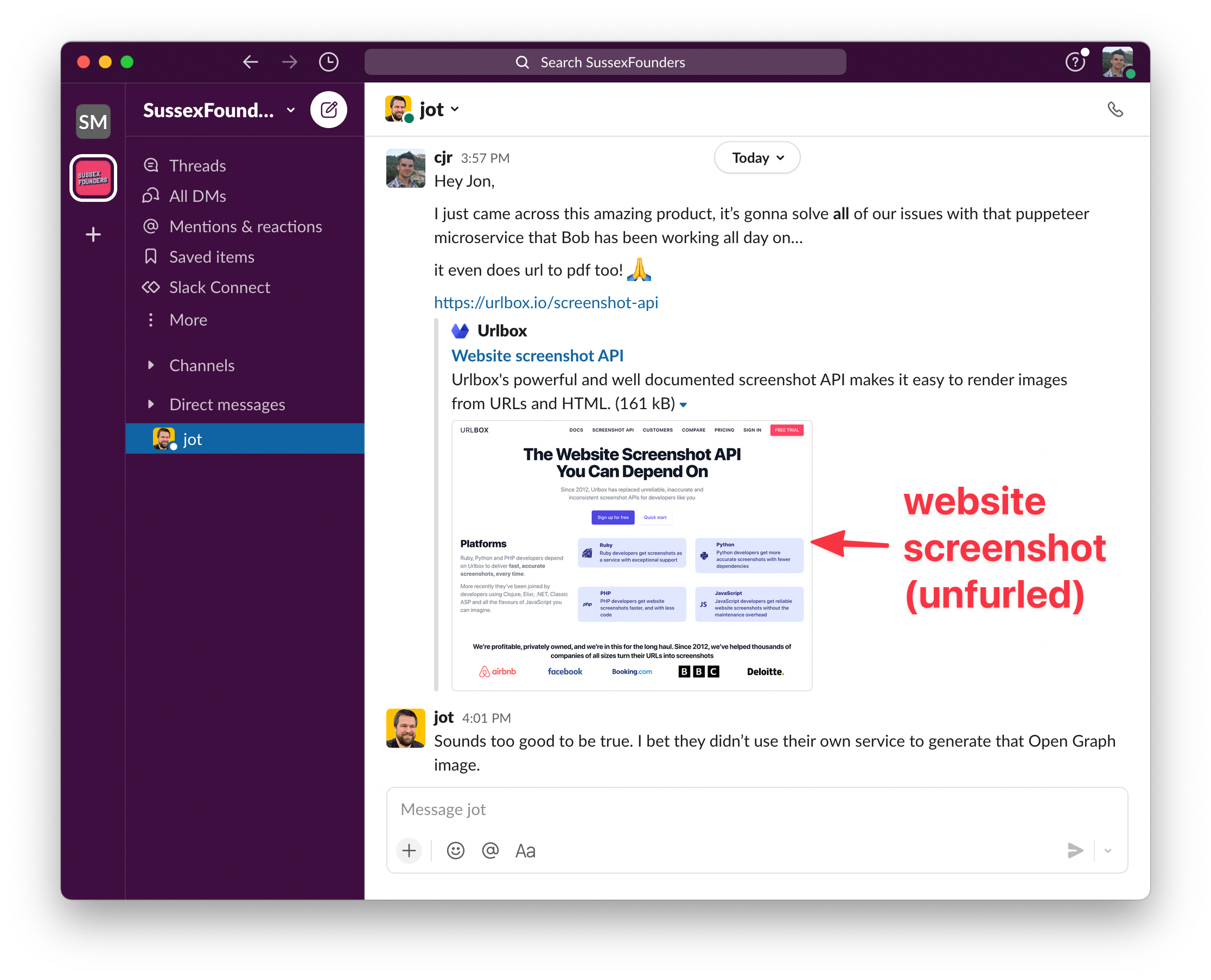 screenshot of slack unfurling url link