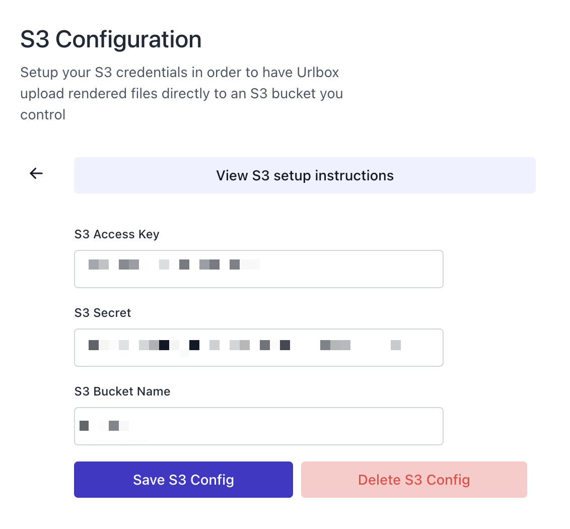 Urlbox dashboard settings for S3