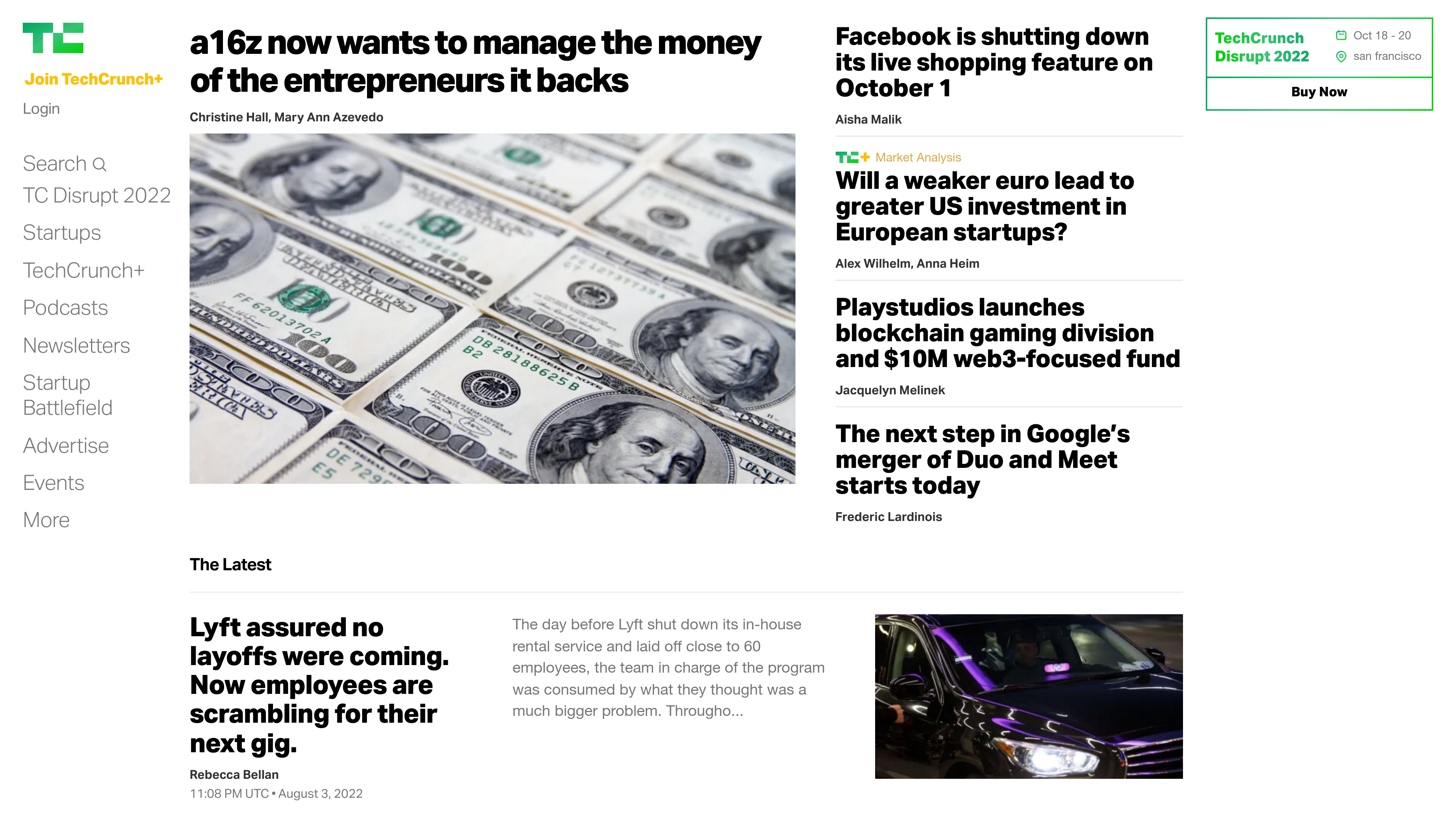 The TechCrunch homepage screenshot taken by Urlbox