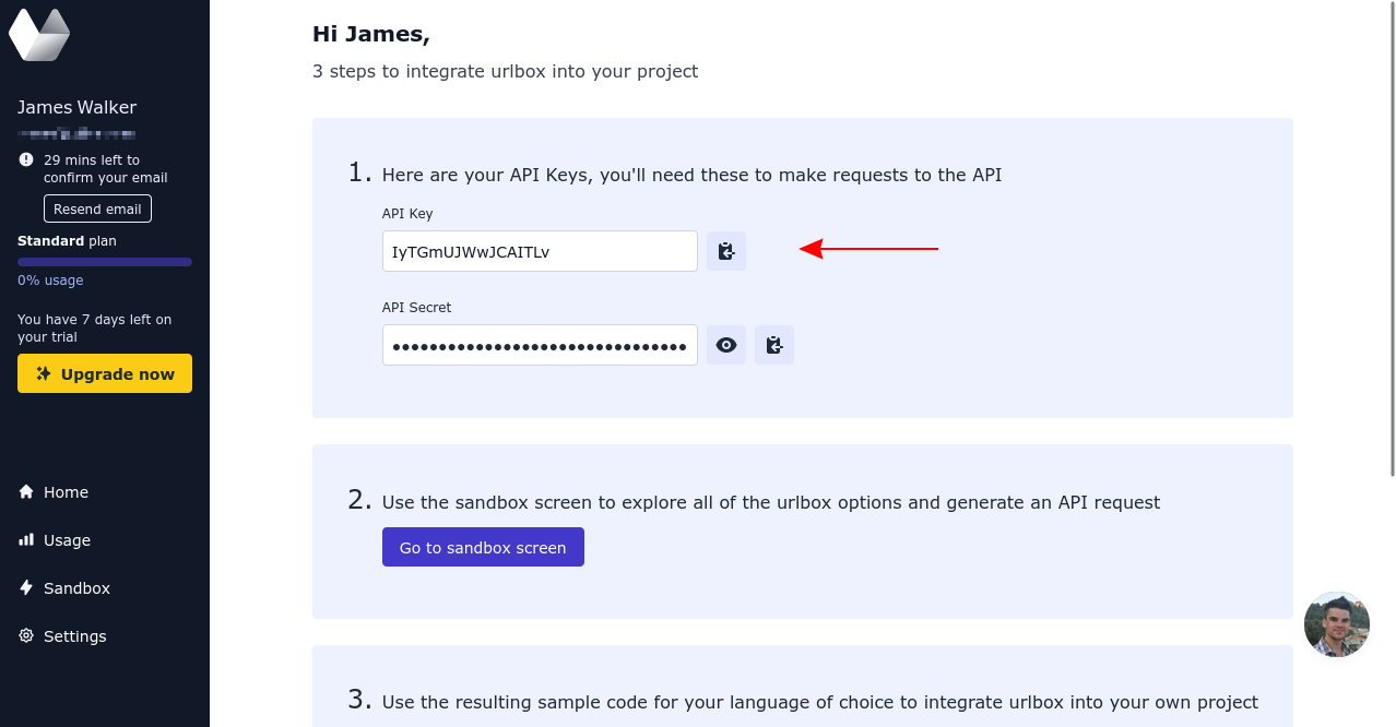 Screenshot of the Urlbox dashboard showing API keys