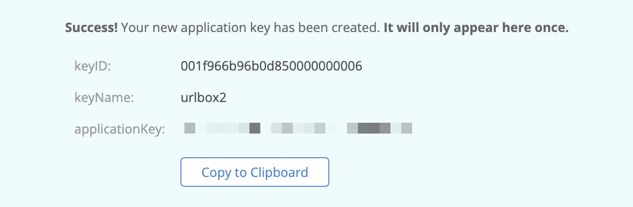 Backblaze B2 application key created