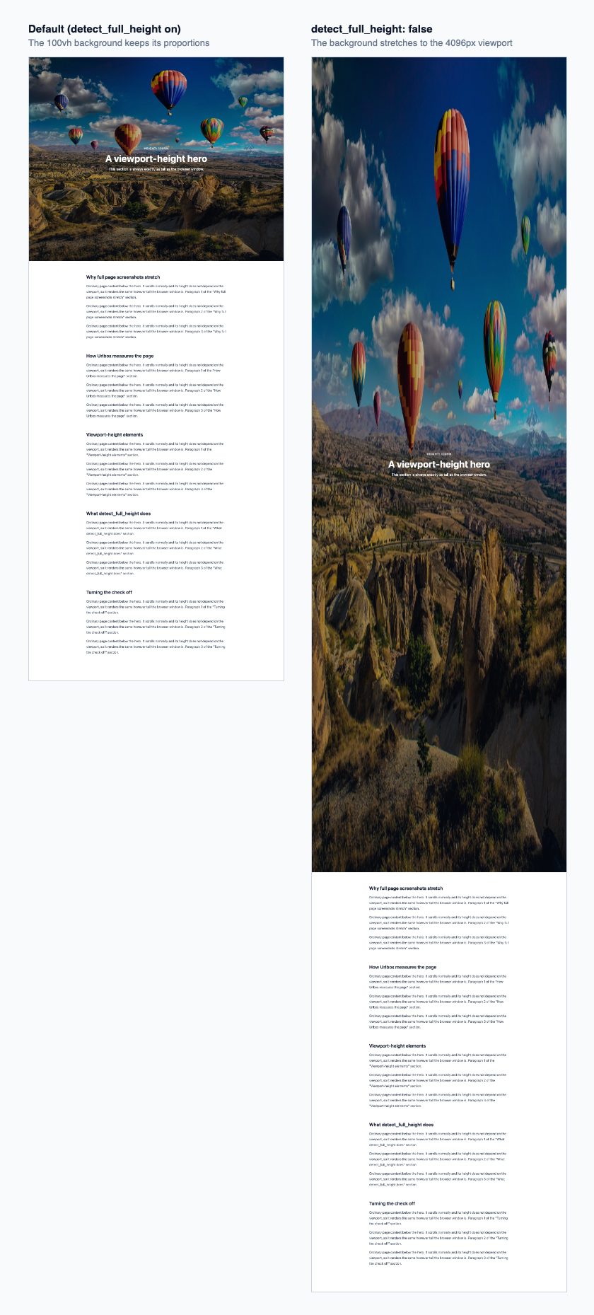 The same full page screenshot twice. On the left, with the default check, the 100vh background photo of hot-air balloons keeps its proportions. On the right, with detect_full_height set to false, the background stretches to the 4096px viewport: the round balloons become tall, thin ovals, the landscape is pulled vertically, and the content below is pushed far down the page.