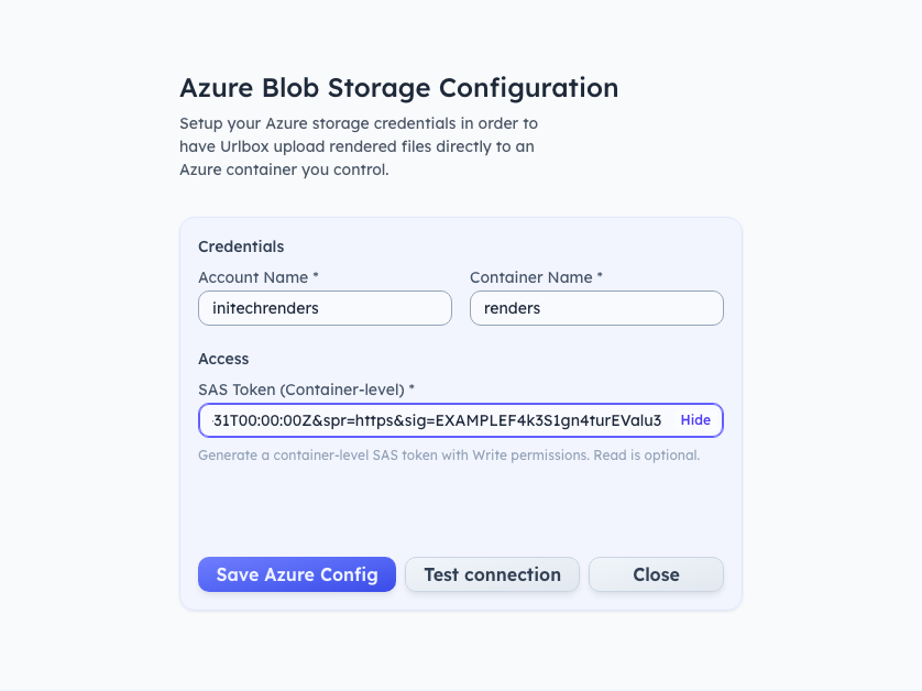 Azure config form filled in