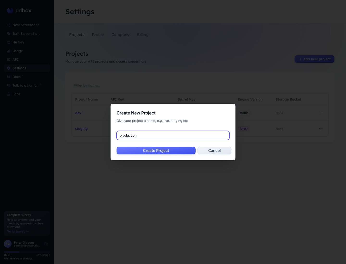 The create project dialog in the Urlbox dashboard.