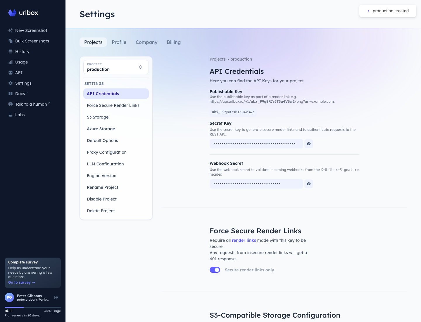 The settings page for a newly created project in the Urlbox dashboard.