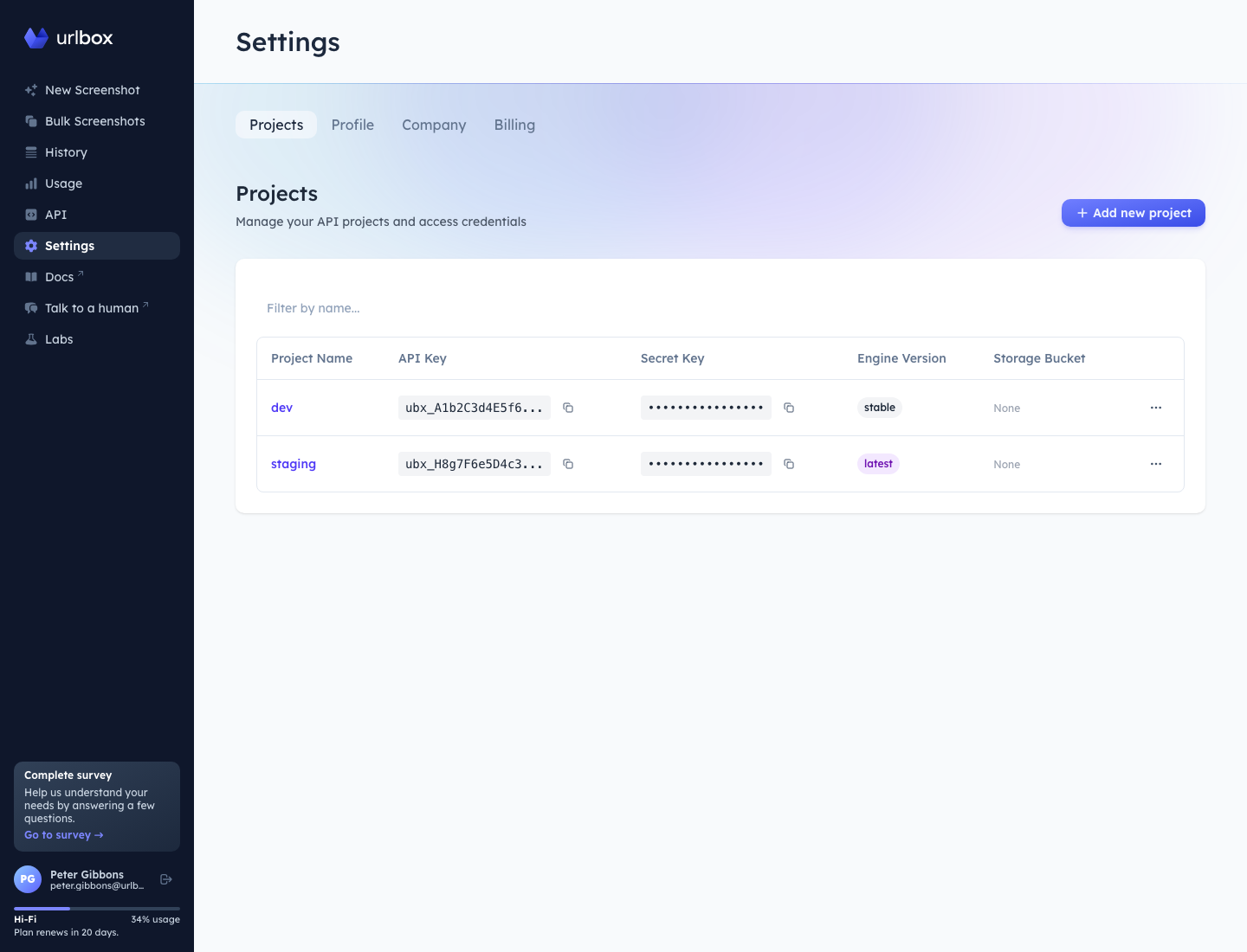 The Urlbox dashboard with the Settings section open on the Projects page.